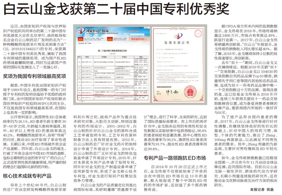 东升国际官网金戈获第二十届中国专利优良奖